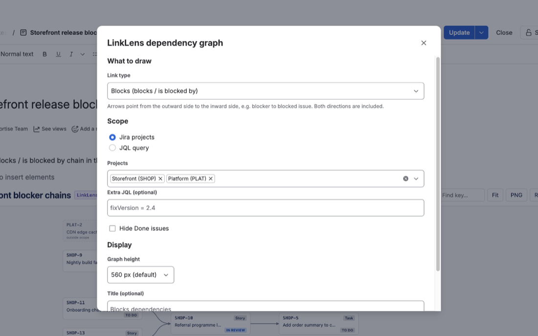 LinkLens for Confluence macro configuration panel: link type, projects, extra JQL, Hide Done and graph height