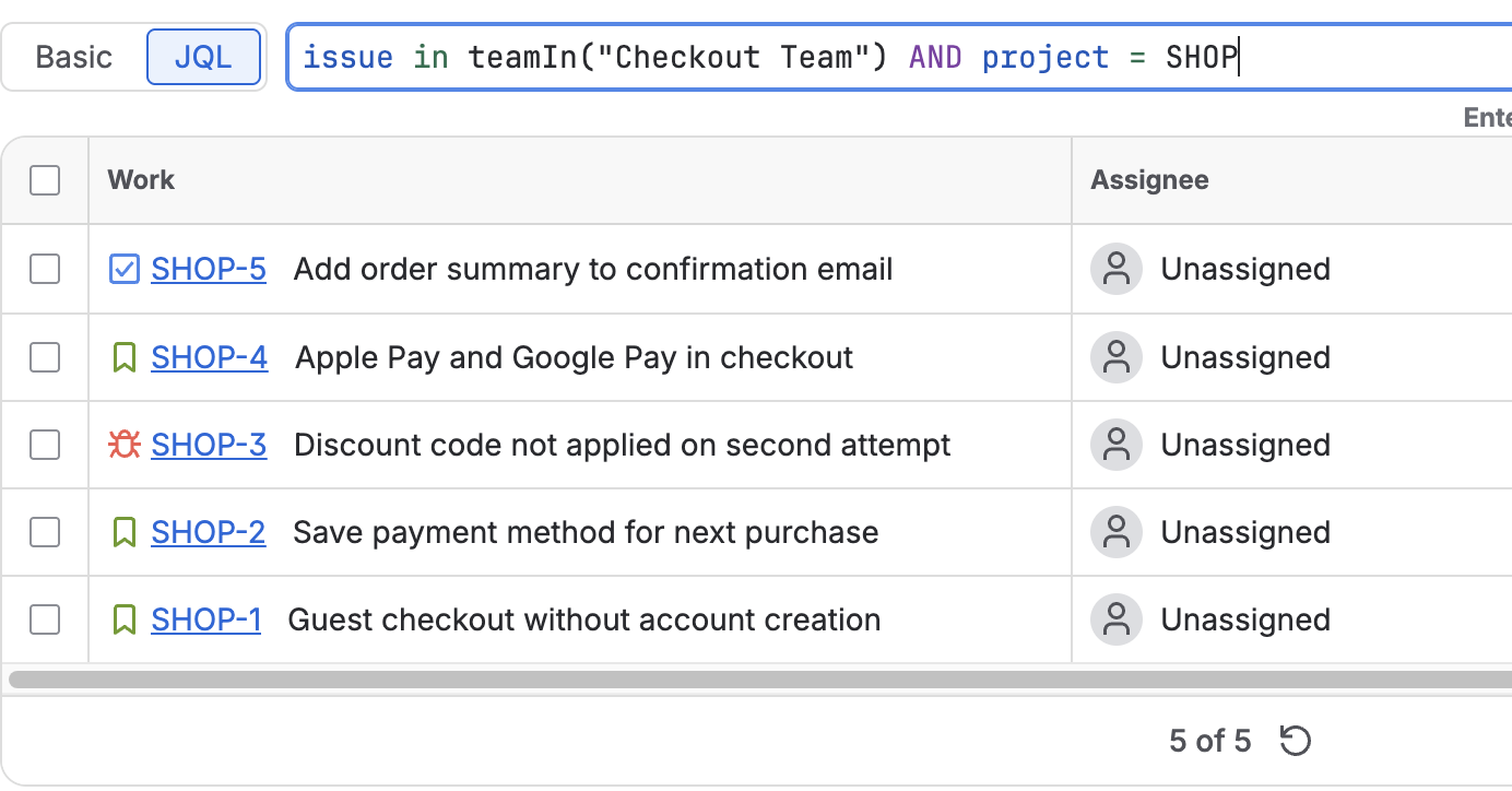 Issue navigator running issue in teamIn("Checkout Team")