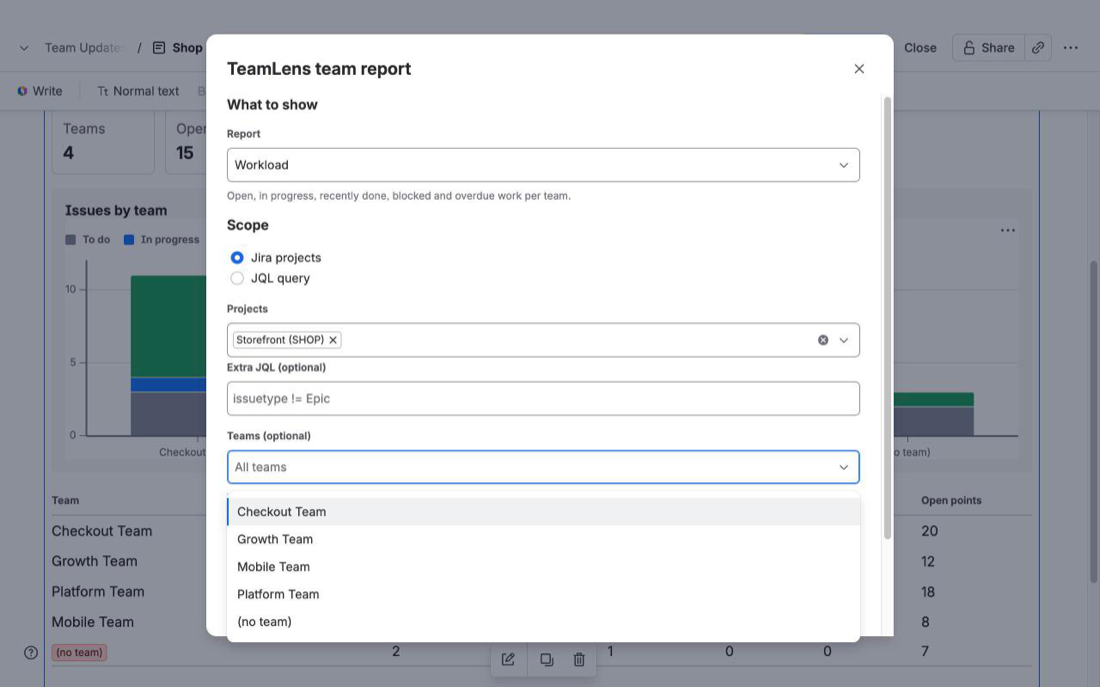 TeamLens for Confluence macro configuration panel: report, scope and team filter